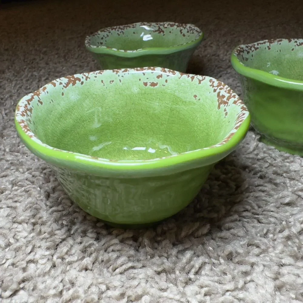 Pier 1 Imports CARMELO Green Melamine Plates Bowls LOT of 9 Snack Set Crackle